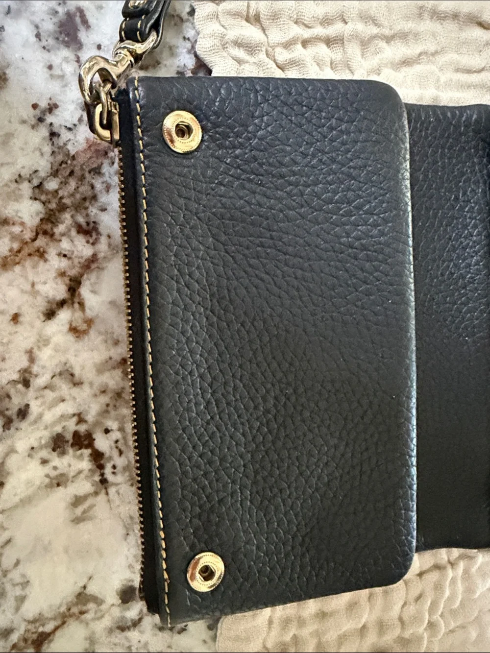 Dooney & Bourke Black Pebbled Leather Zip Wristlet with Gold Accent